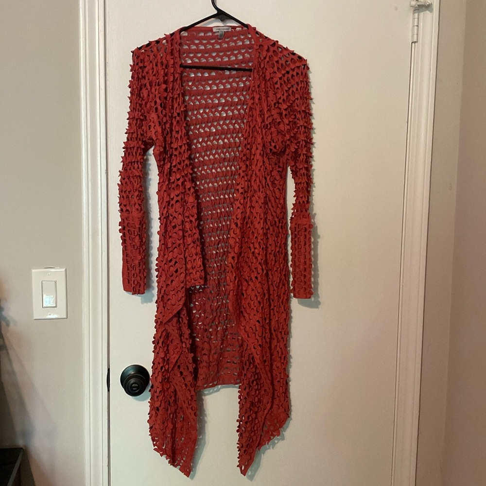 Linea Domani laser cut waterfall drape cardigan size L rust/burnt orange color